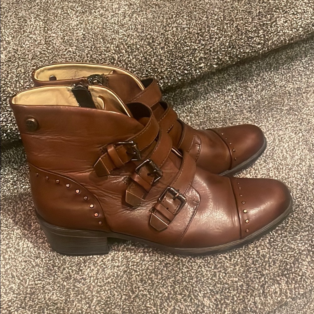 bussola Brown Leather Buckle Ankle Boots with Stud Detail